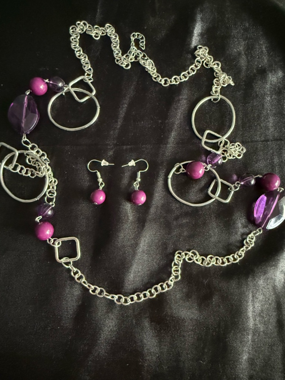 Purple Bead and Silver Link Necklace with Matching Earrings